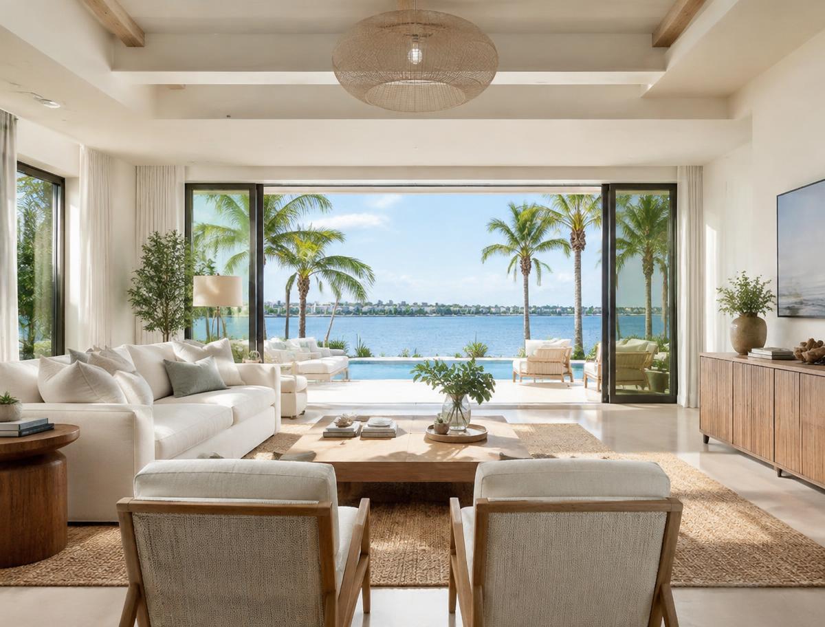 Sunlit coastal living room overlooking the water