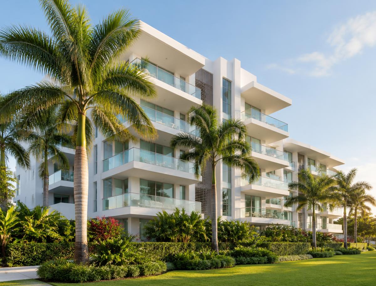Contemporary Florida condominium and palm trees